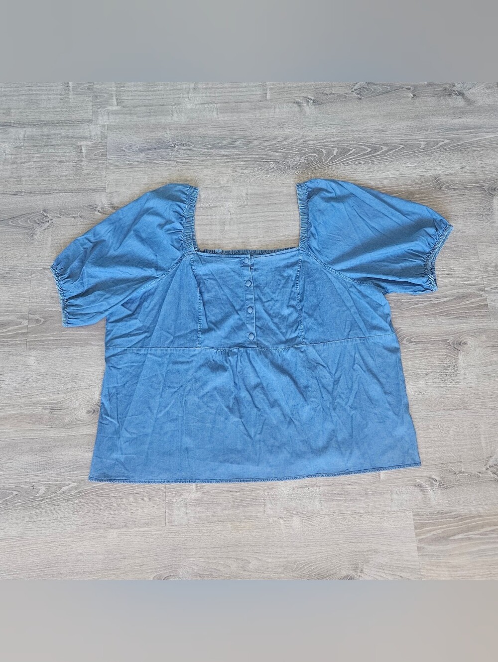 Candace Cameron Bure Top Plus Sz 5XL Blue Chambray Smocked Puff Sleeve Babydoll